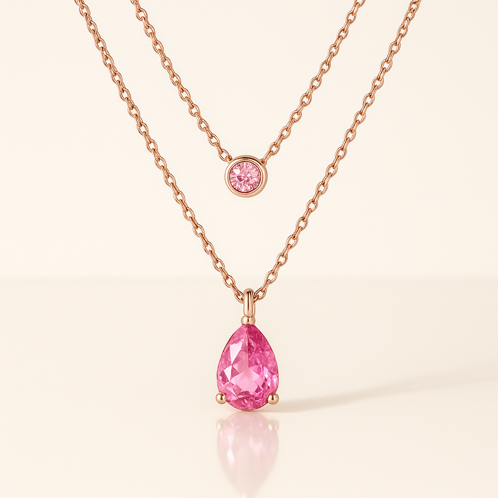Rose Gold Round Pink Tourmaline Double Layer Necklace