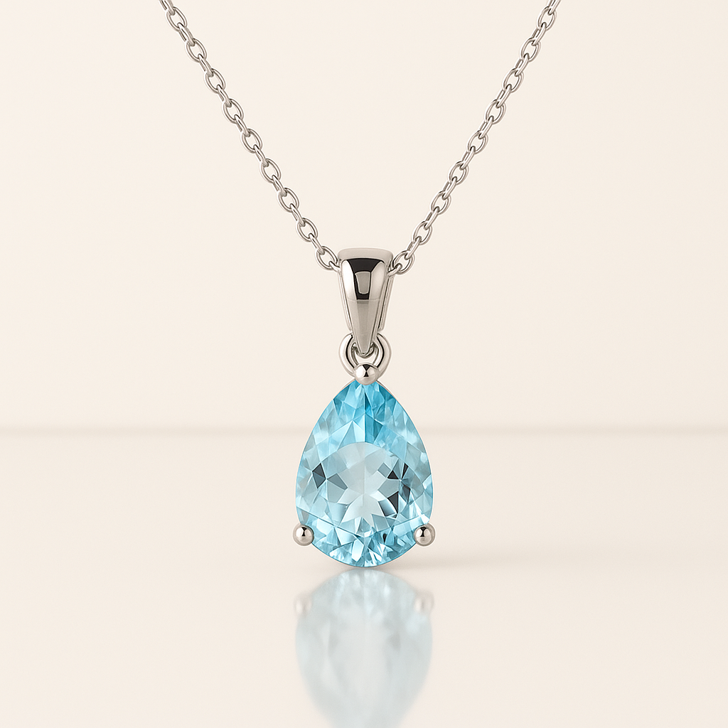 OMGC Pear Aquamarine Necklace in 14K White Gold (1.25ct, 9x6mm)