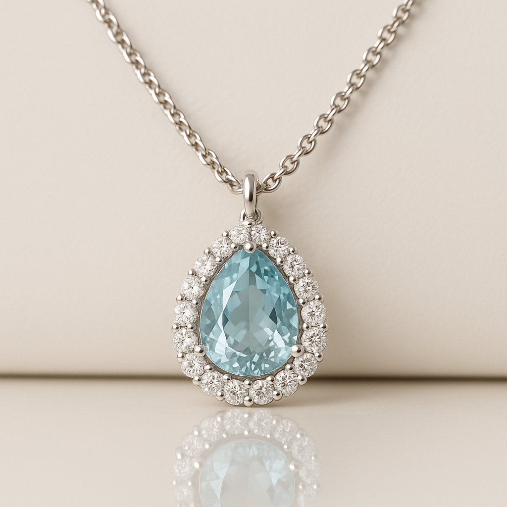 Oval Aquamarine Halo Necklace White Gold