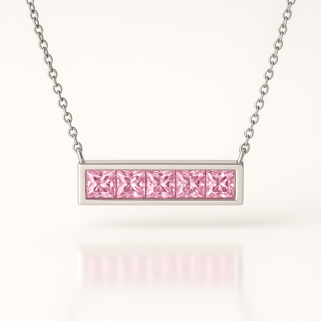 Pink Diamond Baguette Bar Necklace White Gold.Jp.Png