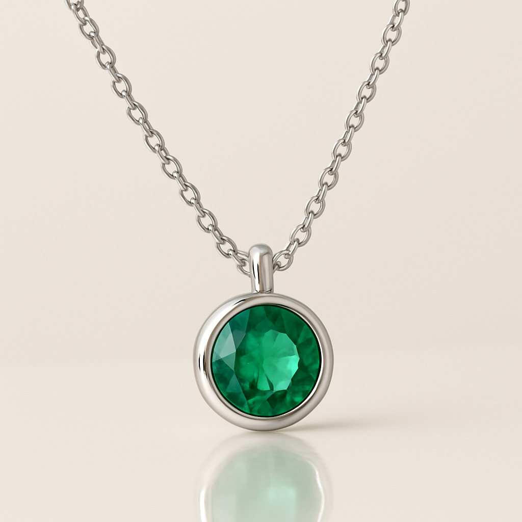 White Gold Round Emerald Bezel Necklace