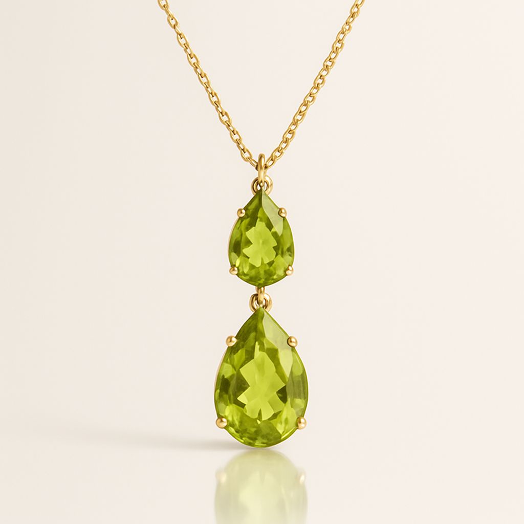 Double Peridot Drop Necklace Yellow Gold