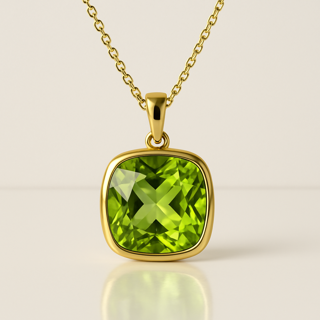 Cushion Peridot Bezel Pendant Yellow Gold