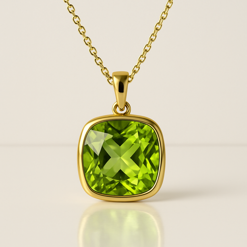 Cushion Peridot Bezel Pendant Yellow Gold