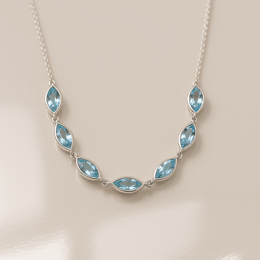 Blue Topaz Station Necklace in 14K White Gold