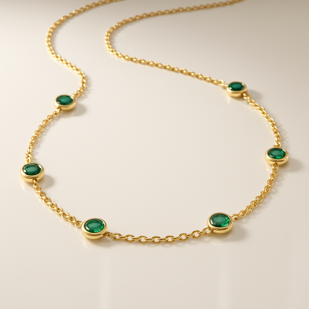 Yellow Gold Emerald Station Chain Necklace