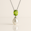 Peridot And White Pearl Drop Necklace White Gold