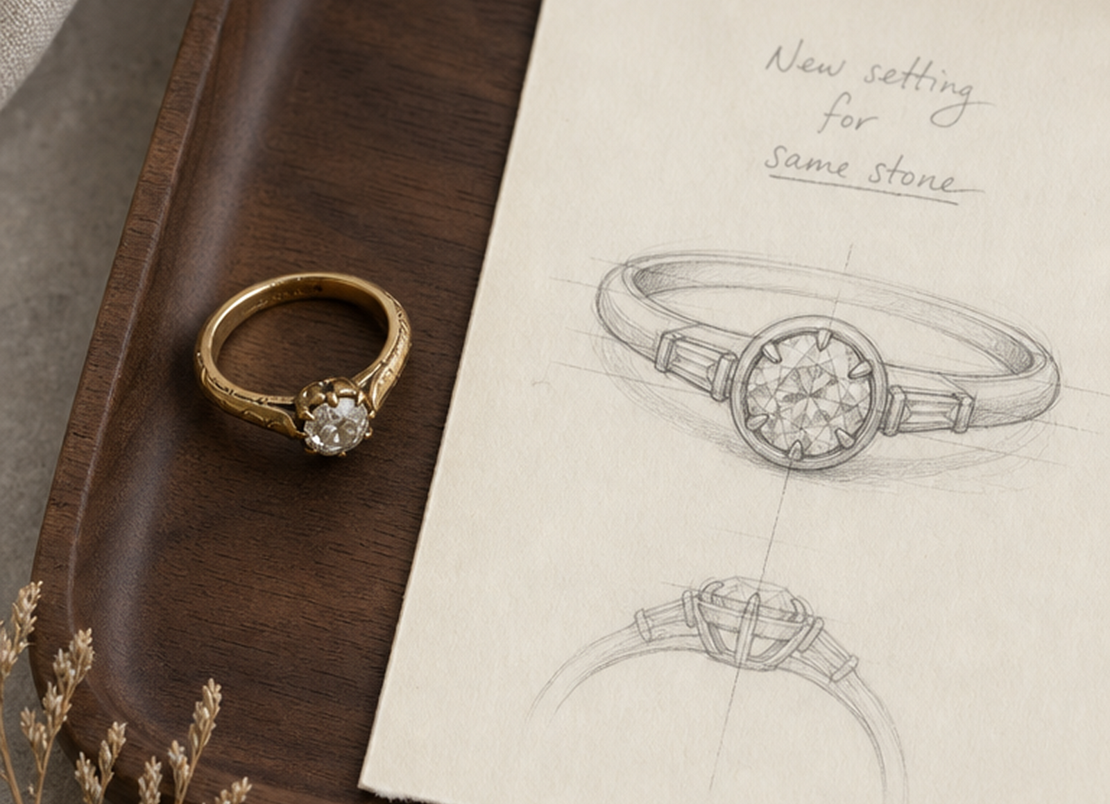 Ring and sketch on a walnut tray