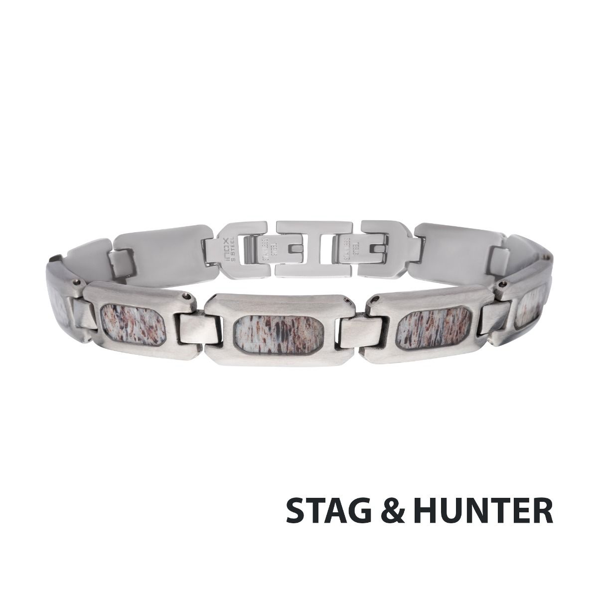 Matte Finish Stainless Steel Deer Antler Inlay Link Bracelet (br099)