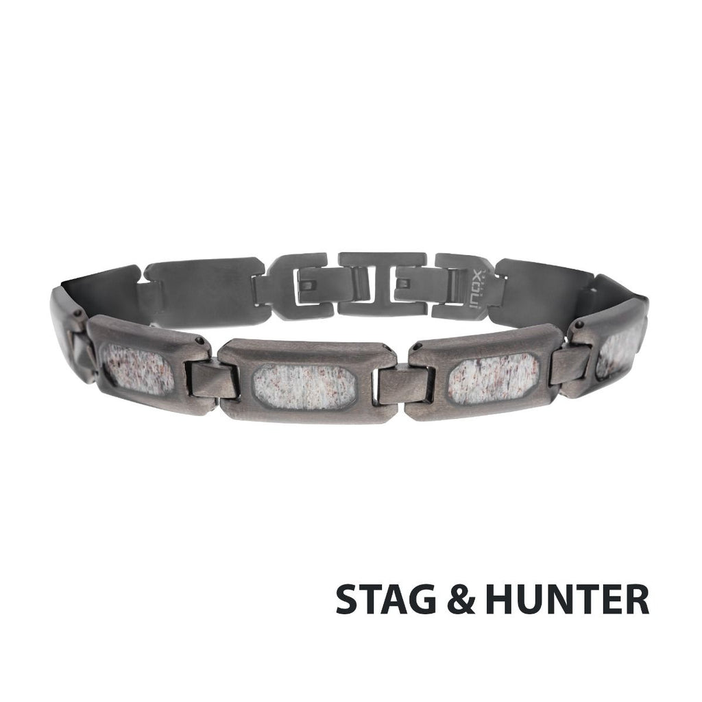 matte Finish Gun Metal Ip Deer Antler Inlay Link Bracelet (br099gm)