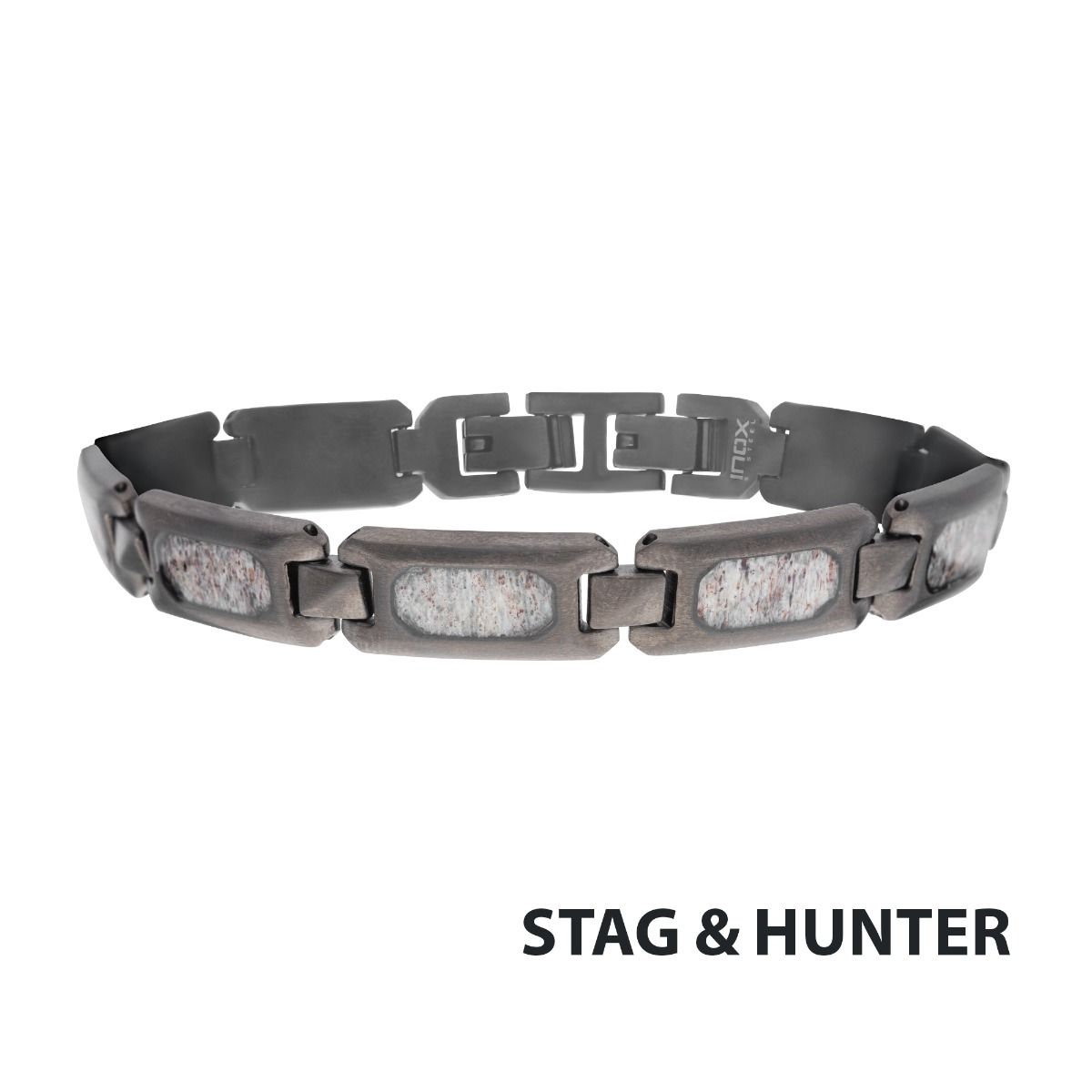 matte Finish Gun Metal Ip Deer Antler Inlay Link Bracelet (br099gm)