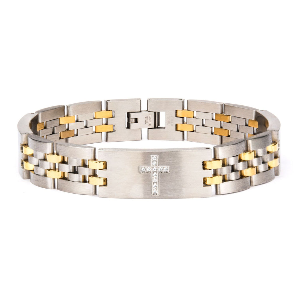 Steel With Clear Cz Cross In Id Panther Bracelet (br20765g)