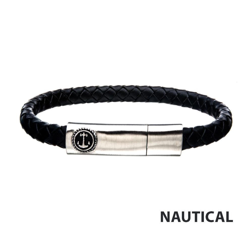 Black Leather With Anchor Steel Clasp Bracelet