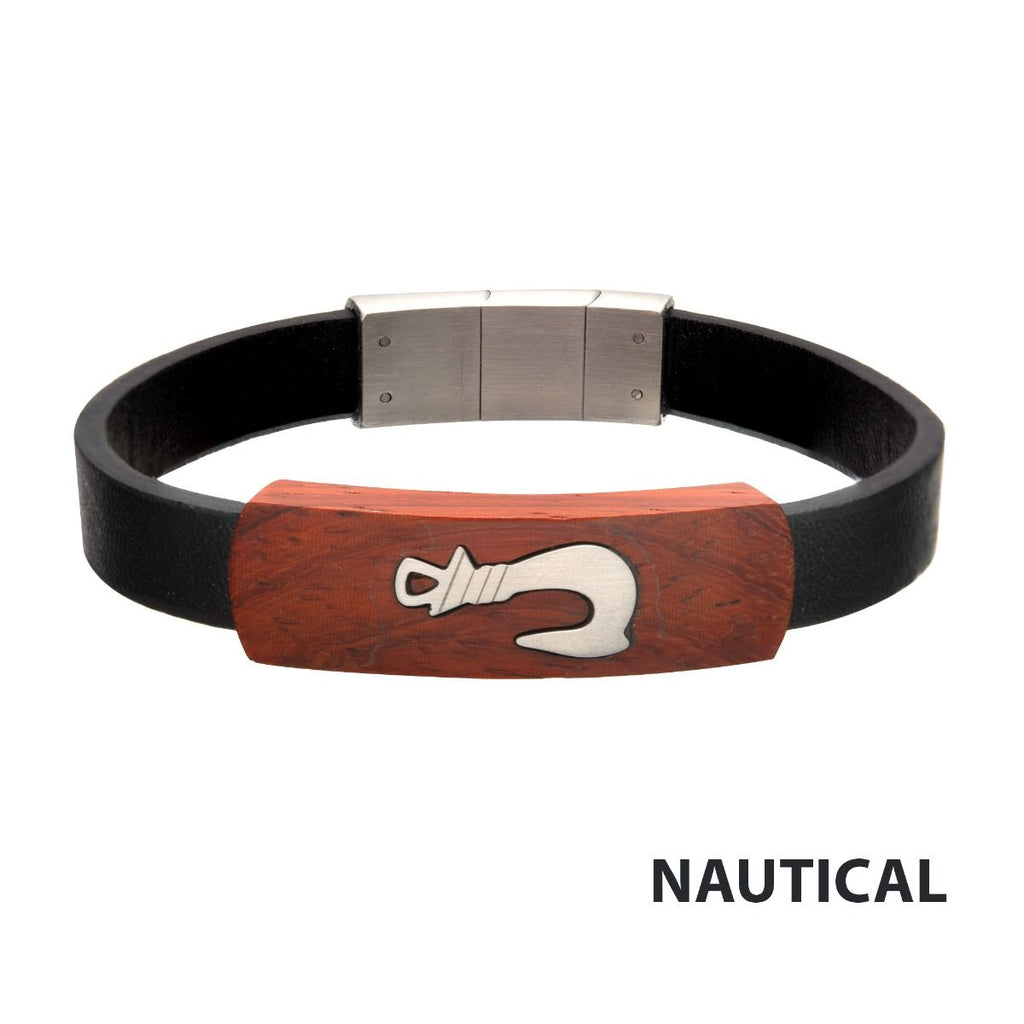 Black Leather With Fish Hook In Red Wood Id Bracelet (br31742)