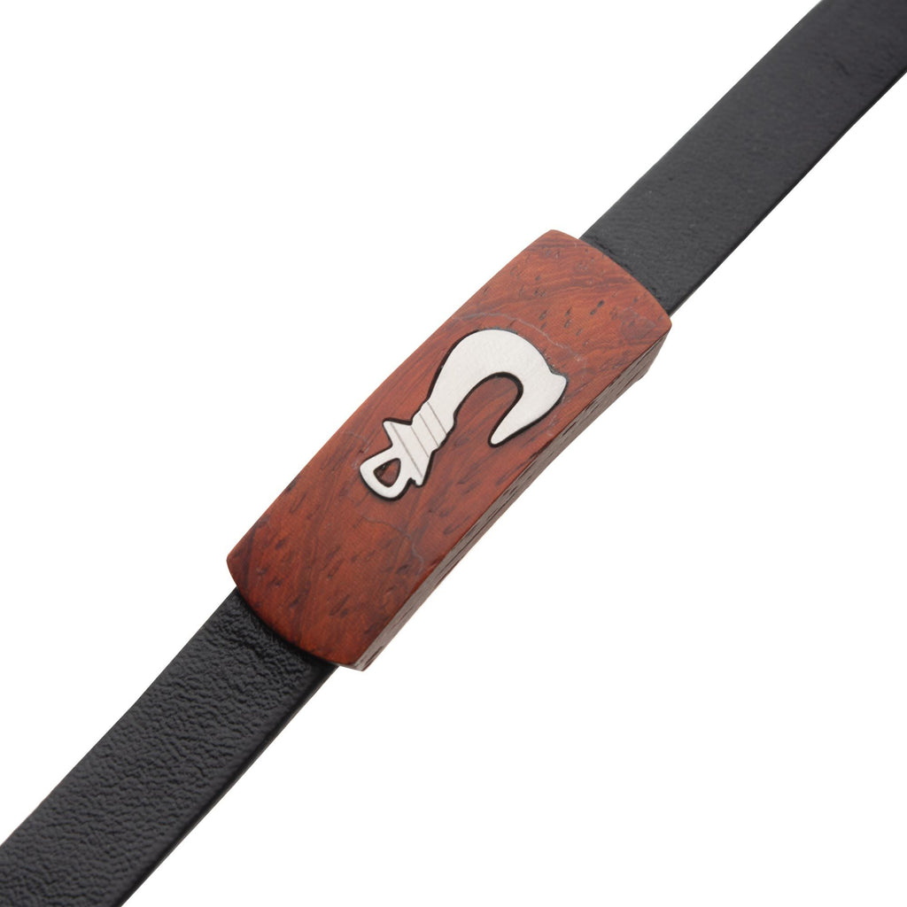 Black Leather With Fish Hook In Red Wood Id Bracelet (br31742)