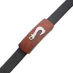 Black Leather With Fish Hook In Red Wood Id Bracelet (br31742)