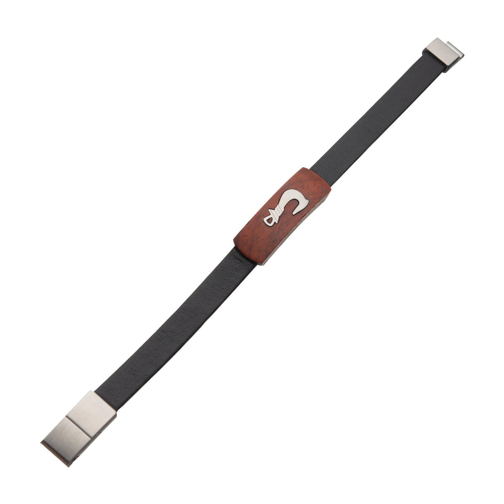 Black Leather With Fish Hook In Red Wood Id Bracelet (br31742)