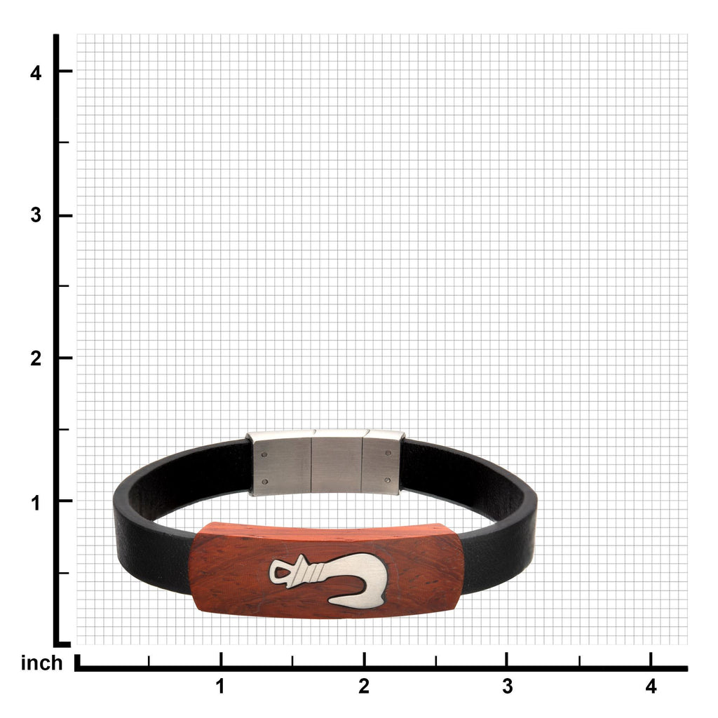 Black Leather With Fish Hook In Red Wood Id Bracelet (br31742)