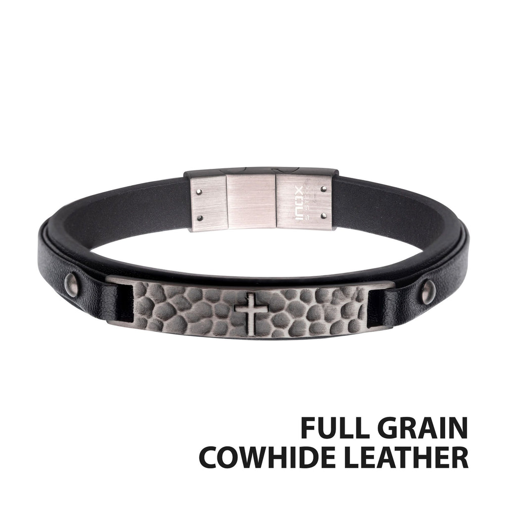 black Leather Strapped With Cross Hammered Id Bracelet (br40274bk)
