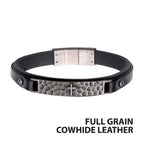 black Leather Strapped With Cross Hammered Id Bracelet (br40274bk)