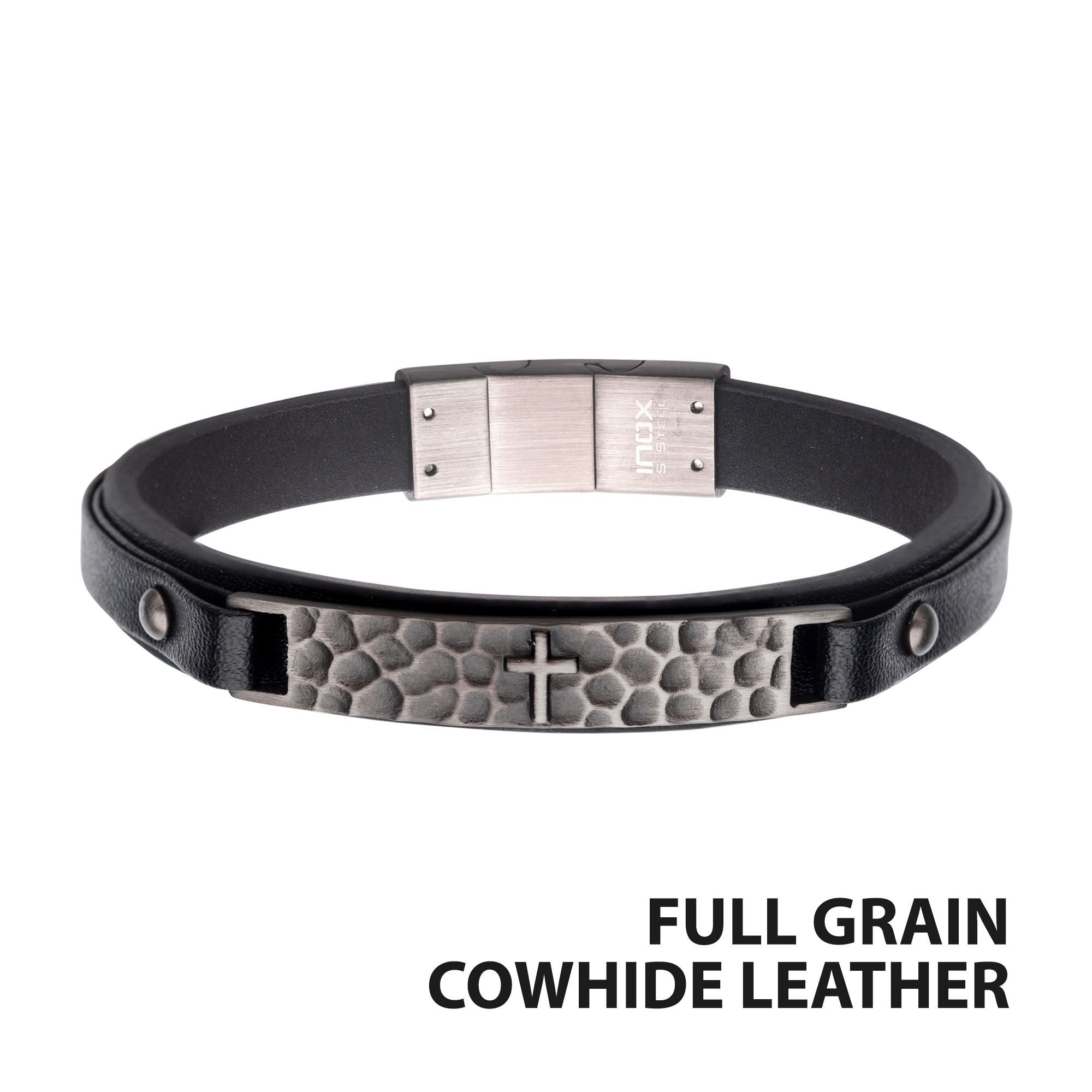 black Leather Strapped With Cross Hammered Id Bracelet (br40274bk)