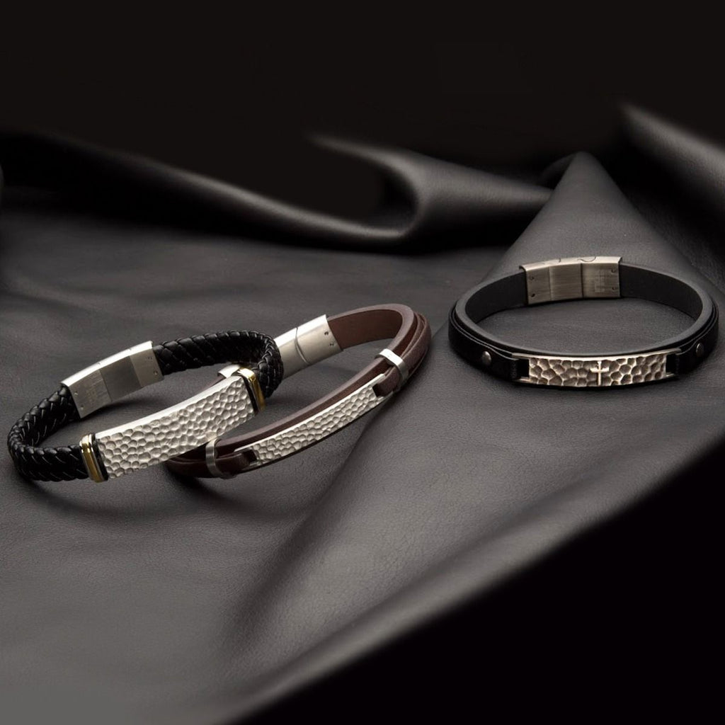 black Leather Strapped With Cross Hammered Id Bracelet (br40274bk)