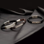black Leather Strapped With Cross Hammered Id Bracelet (br40274bk)