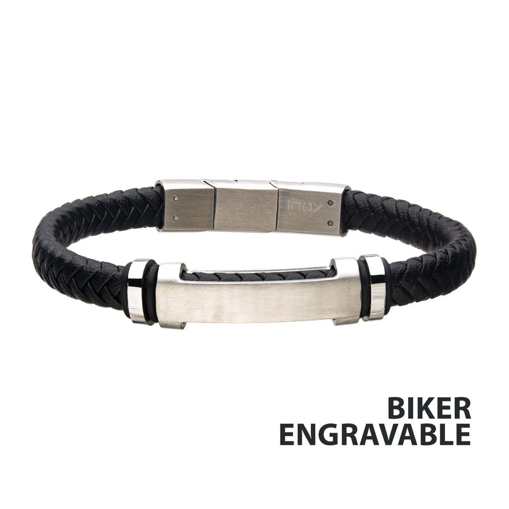 Black Leather With Beads Engravable Id Bracelet (br615smk)