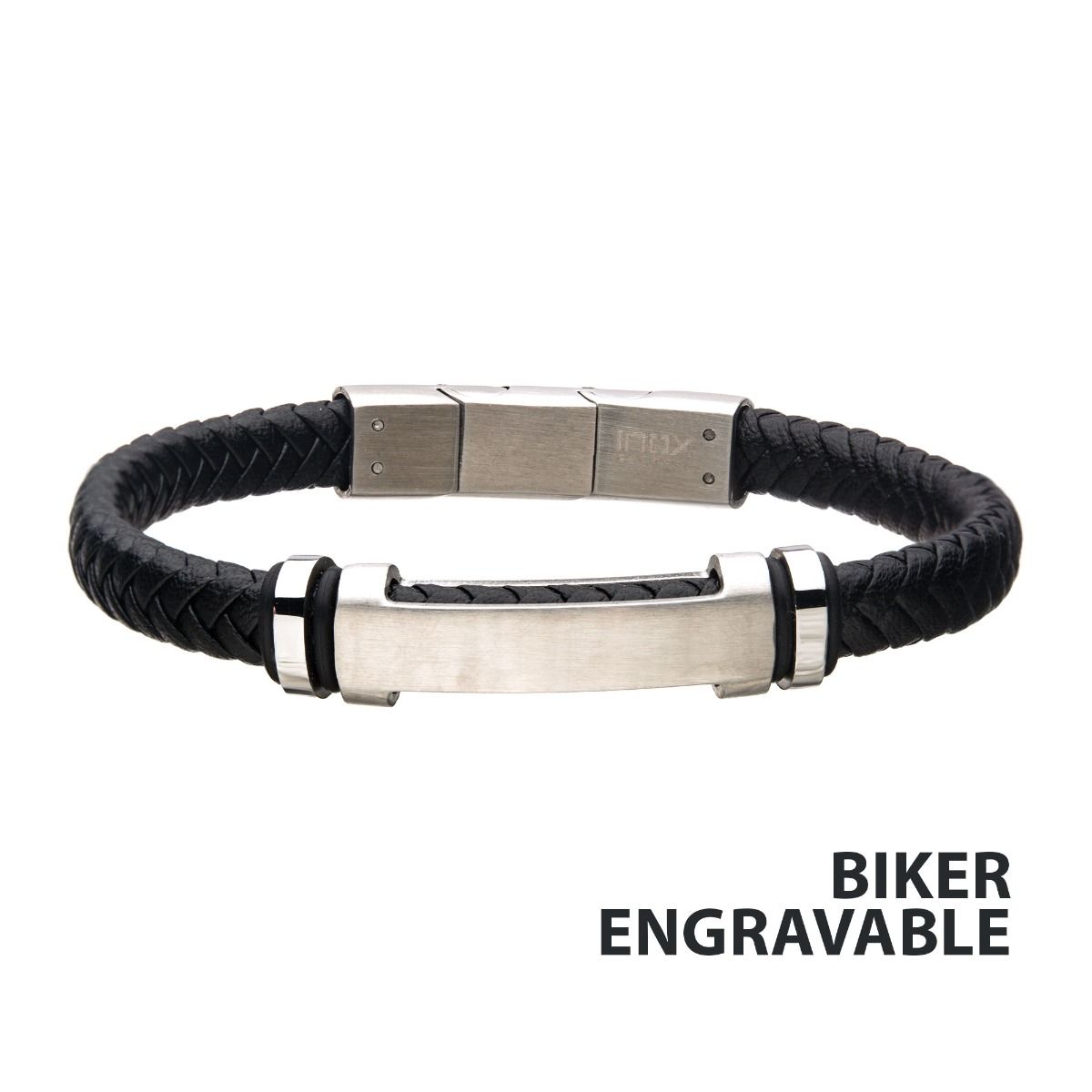 Black Leather With Beads Engravable Id Bracelet (br615smk)