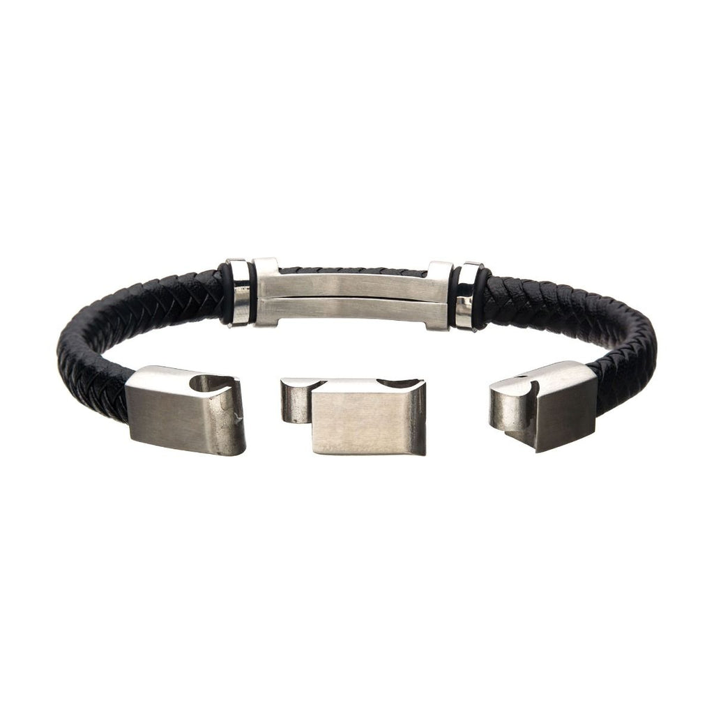 Black Leather With Beads Engravable Id Bracelet (br615smk)