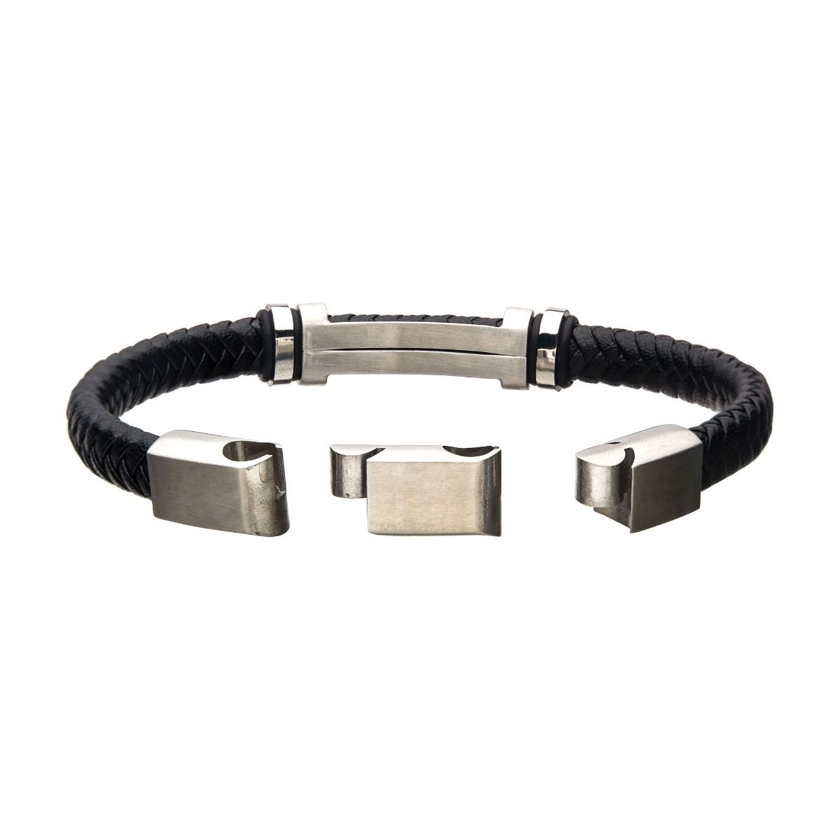 Black Leather With Beads Engravable Id Bracelet (br615smk)