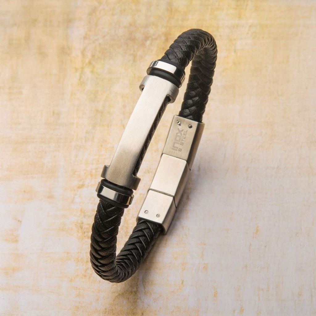 Black Leather With Beads Engravable Id Bracelet (br615smk)