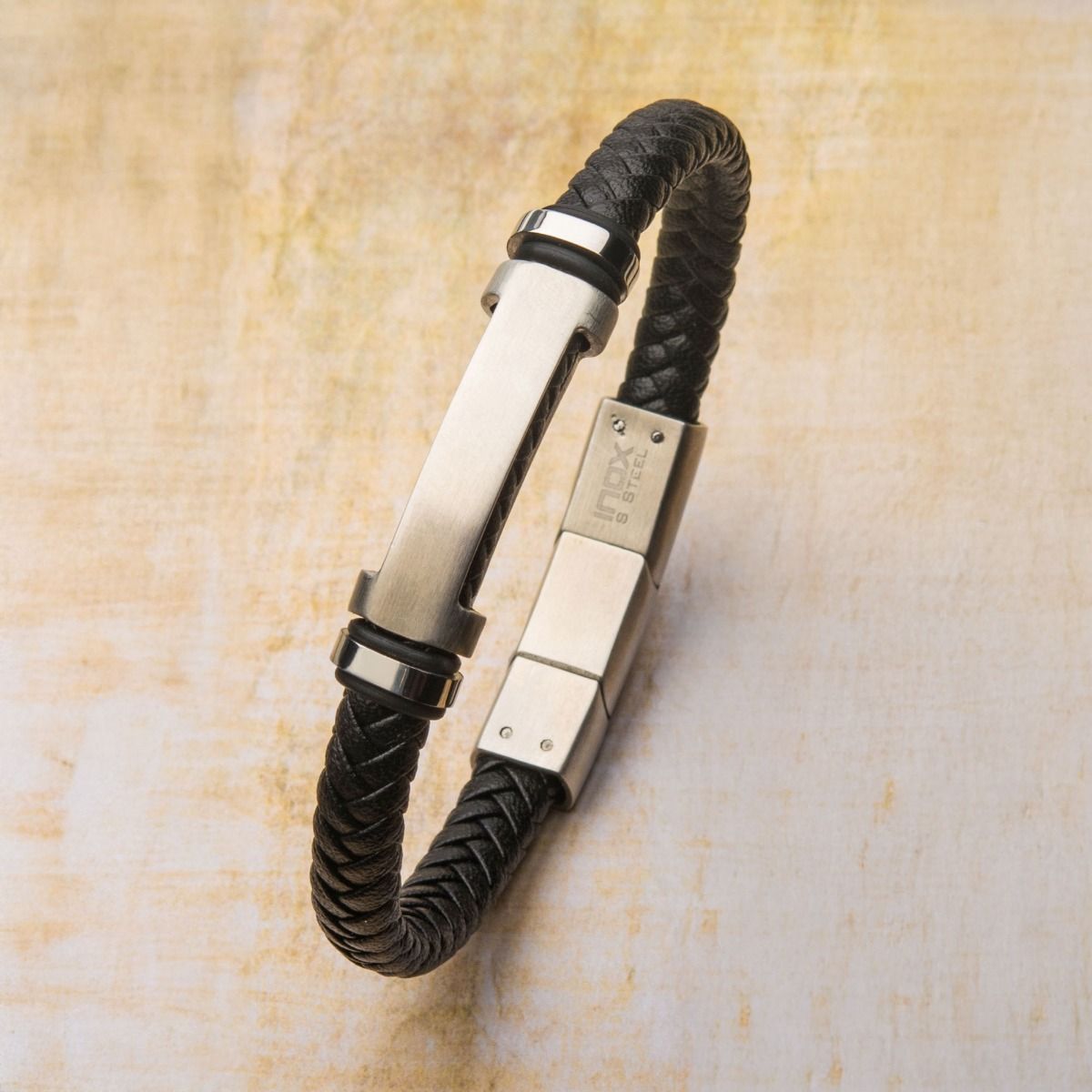 Black Leather With Beads Engravable Id Bracelet (br615smk)