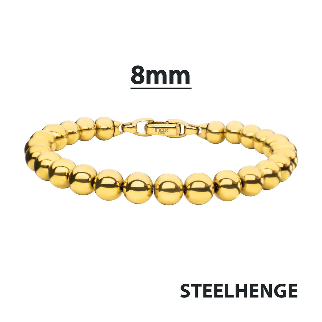 8mm Polished Finish 18Kt Gold IP Steel Bead Bracelet
