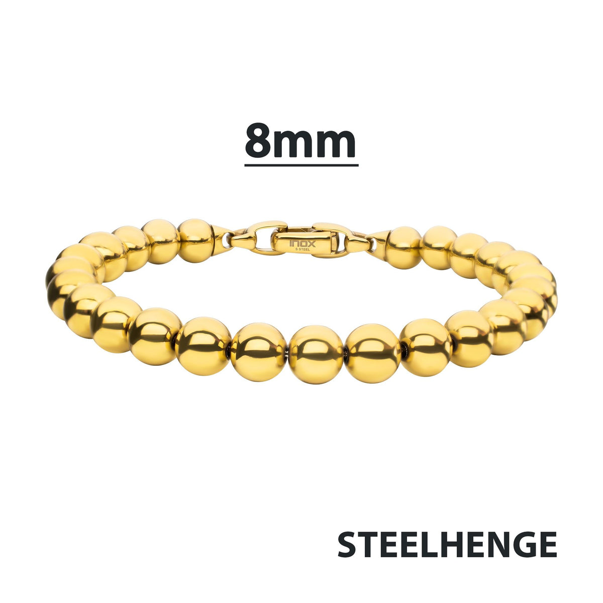 8mm Polished Finish 18Kt Gold IP Steel Bead Bracelet