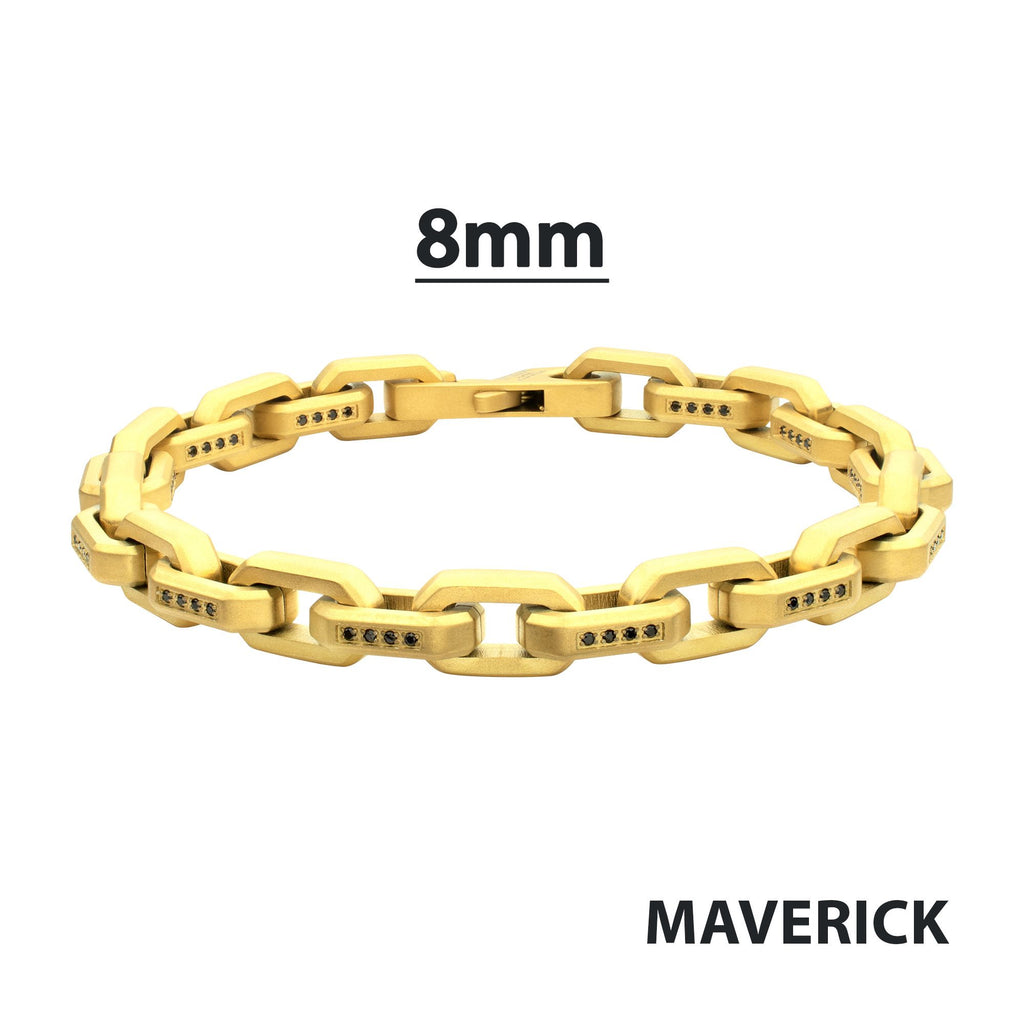8mm Matte Finish 18Kt Gold IP Stainless Steel Faceted Interlock Link Chain Bracelet with 1mm Black Spinel