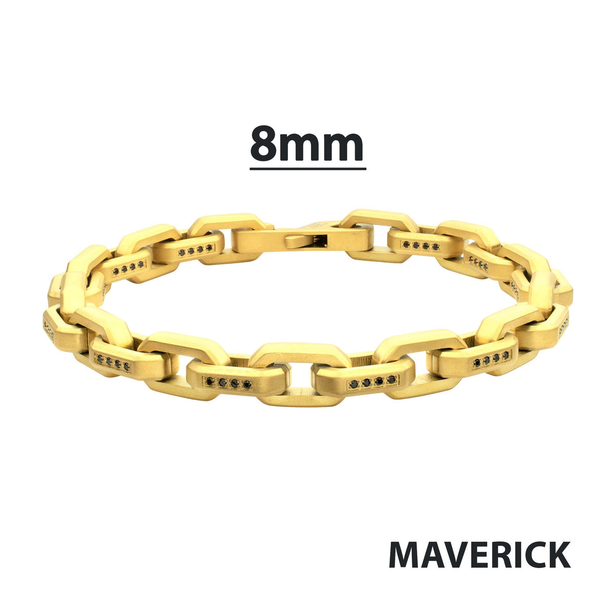 8mm Matte Finish 18Kt Gold IP Stainless Steel Faceted Interlock Link Chain Bracelet with 1mm Black Spinel