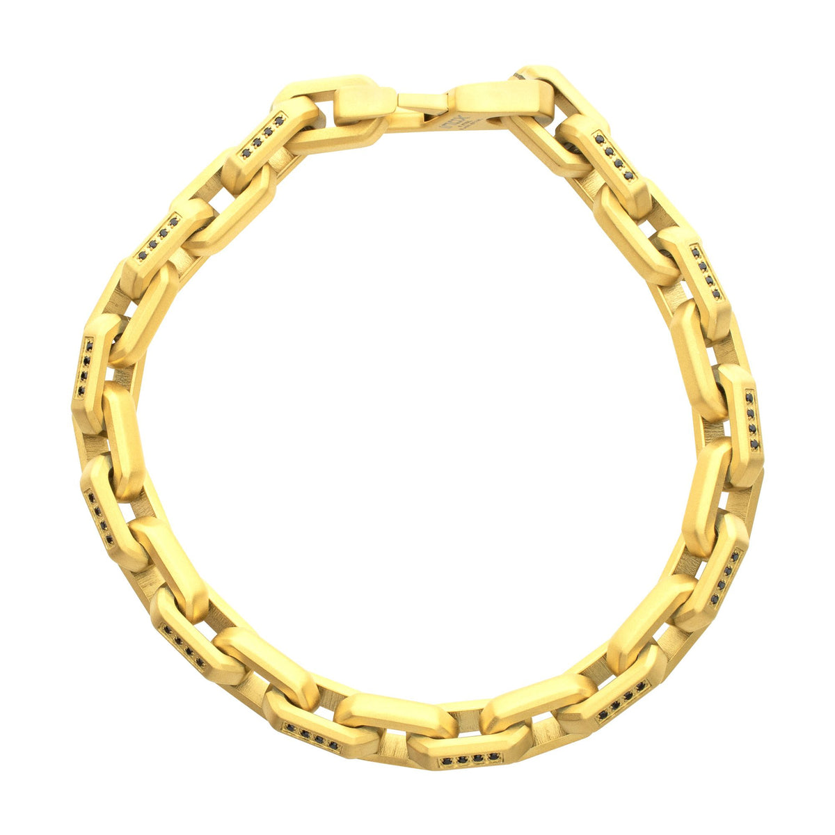 8mm Matte Finish 18Kt Gold IP Stainless Steel Faceted Interlock Link Chain Bracelet with 1mm Black Spinel