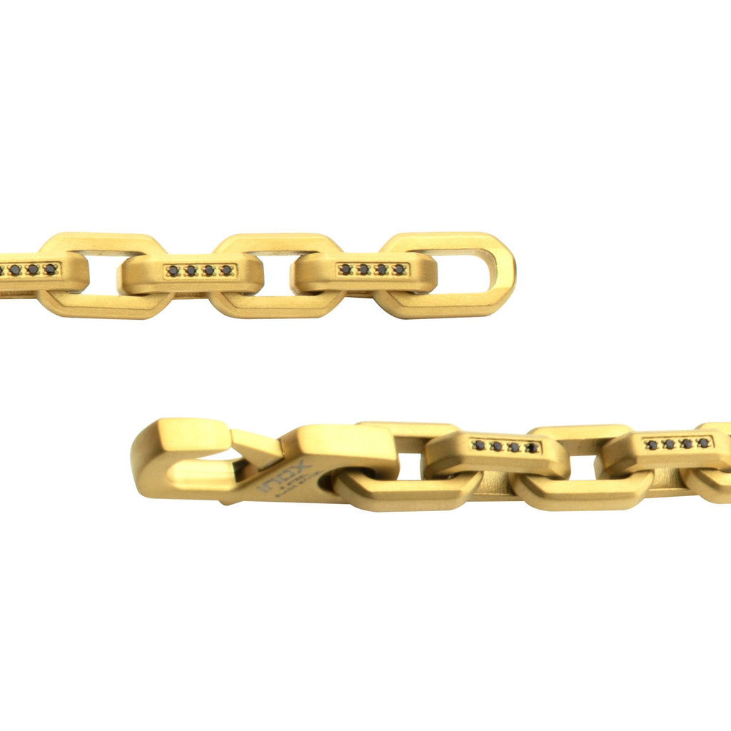 8mm Matte Finish 18Kt Gold IP Stainless Steel Faceted Interlock Link Chain Bracelet with 1mm Black Spinel