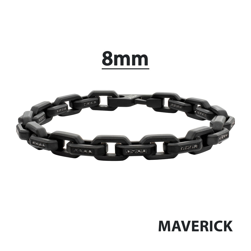 8mm Matte Finish Black IP Stainless Steel Faceted Interlock Link Chain Bracelet with 1mm Black Spinel