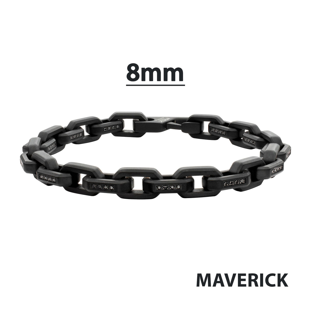 8mm Matte Finish Black IP Stainless Steel Faceted Interlock Link Chain Bracelet with 1mm Black Spinel