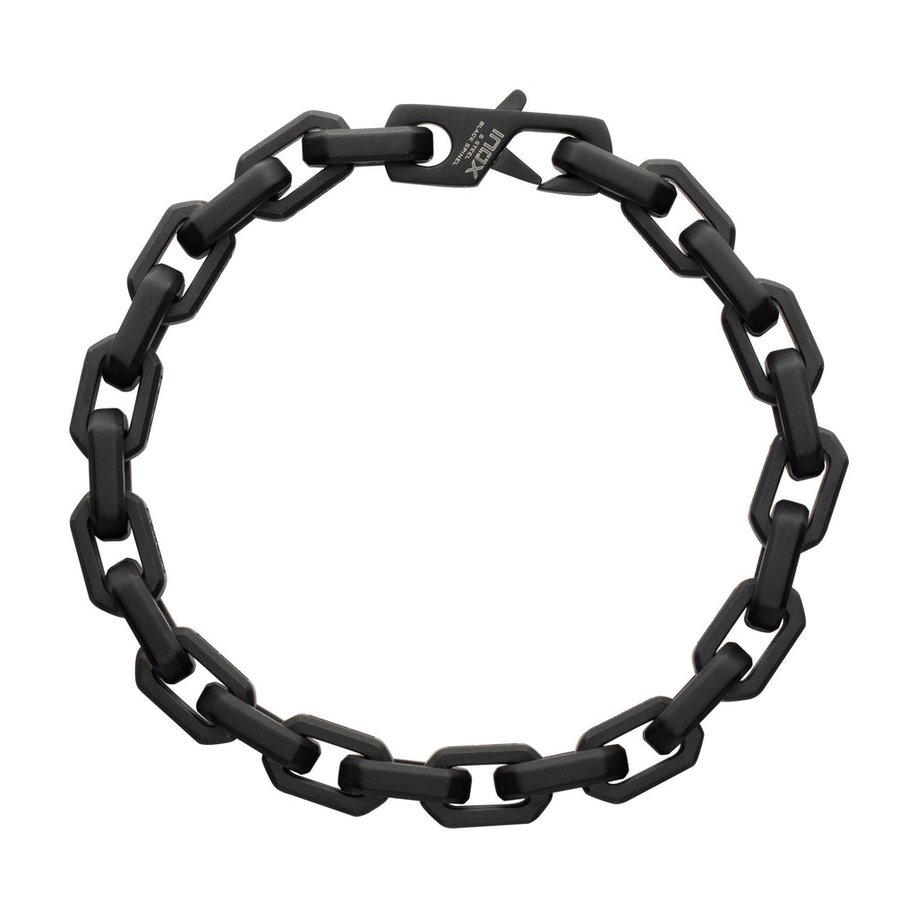 8mm Matte Finish Black IP Stainless Steel Faceted Interlock Link Chain Bracelet with 1mm Black Spinel