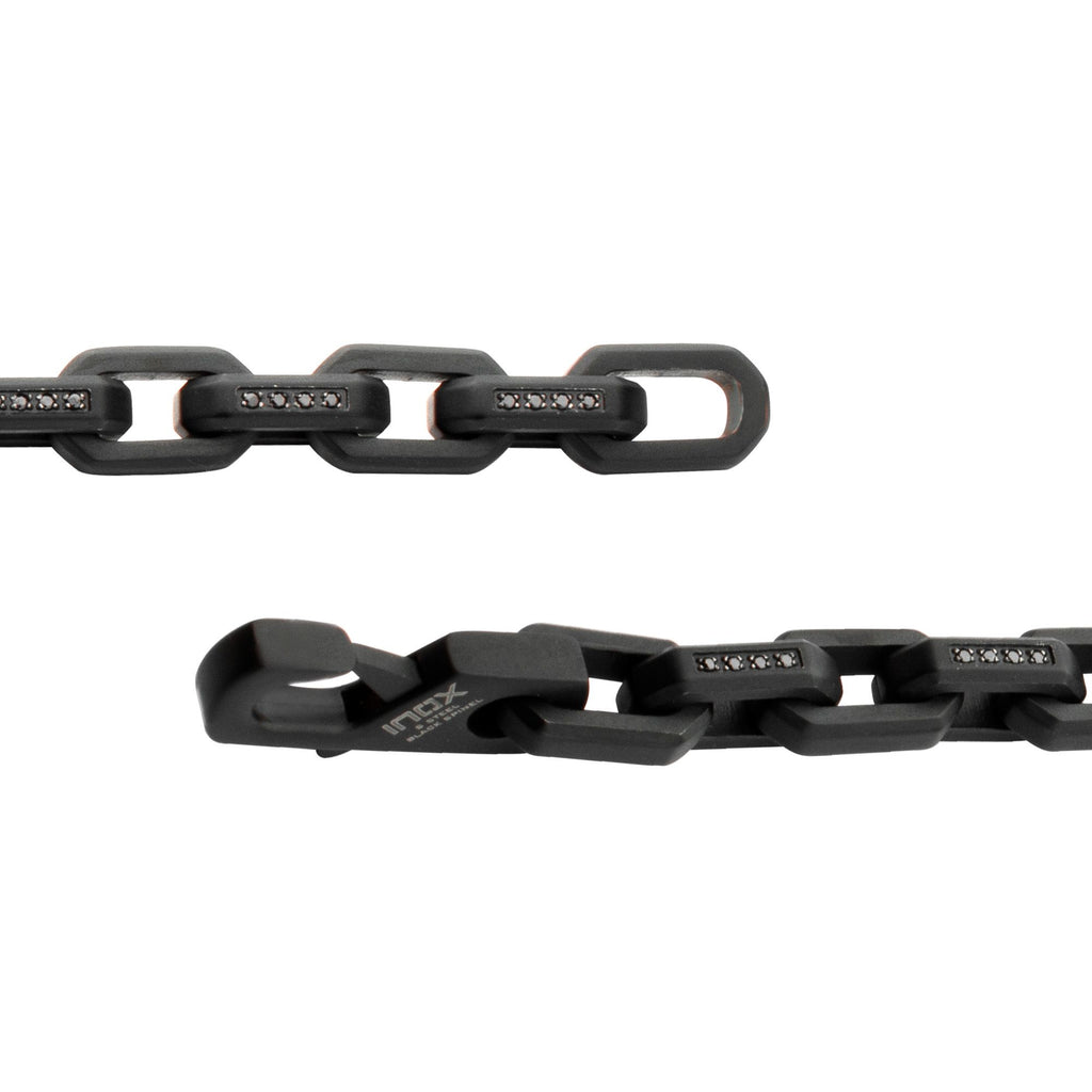 8mm Matte Finish Black IP Stainless Steel Faceted Interlock Link Chain Bracelet with 1mm Black Spinel