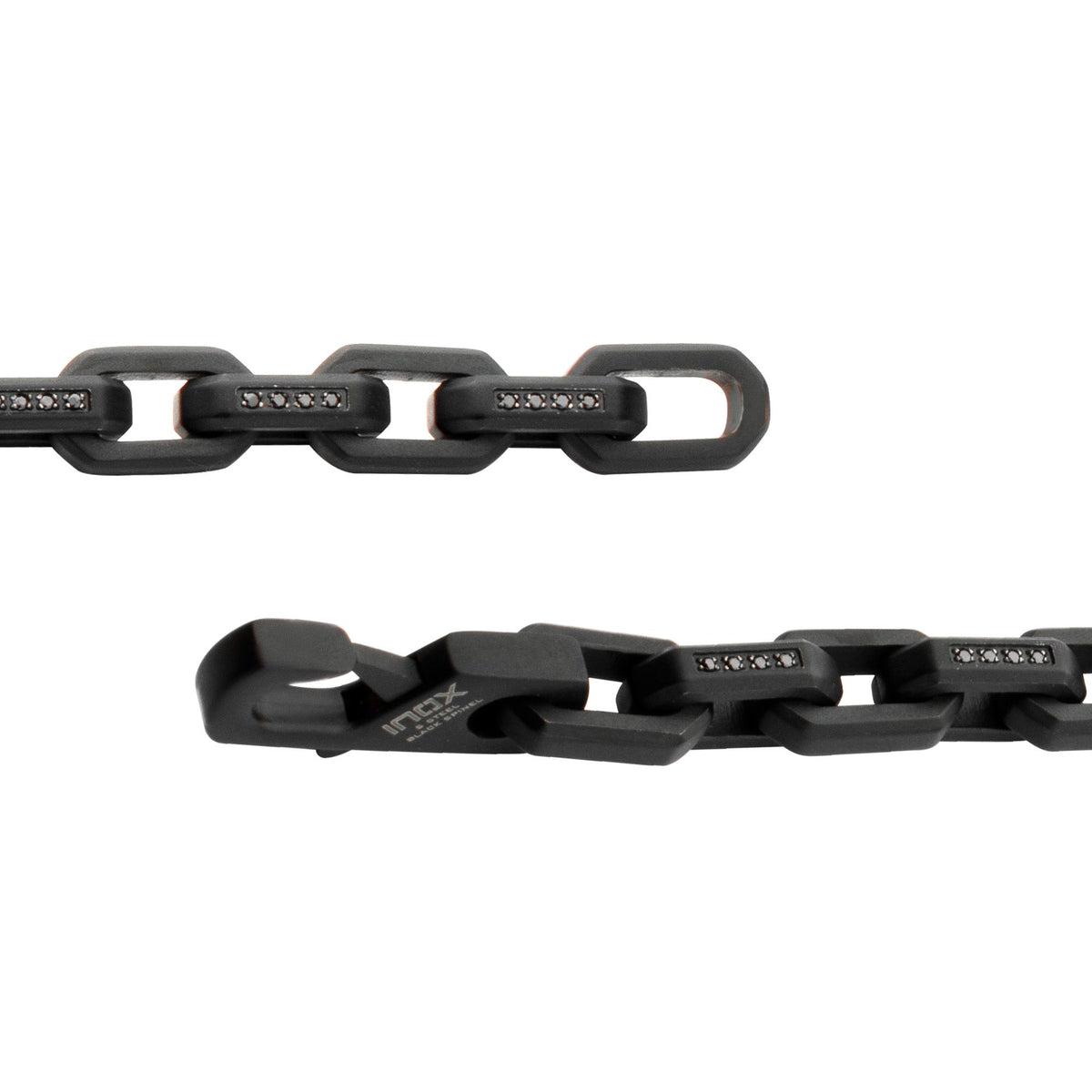 8mm Matte Finish Black IP Stainless Steel Faceted Interlock Link Chain Bracelet with 1mm Black Spinel