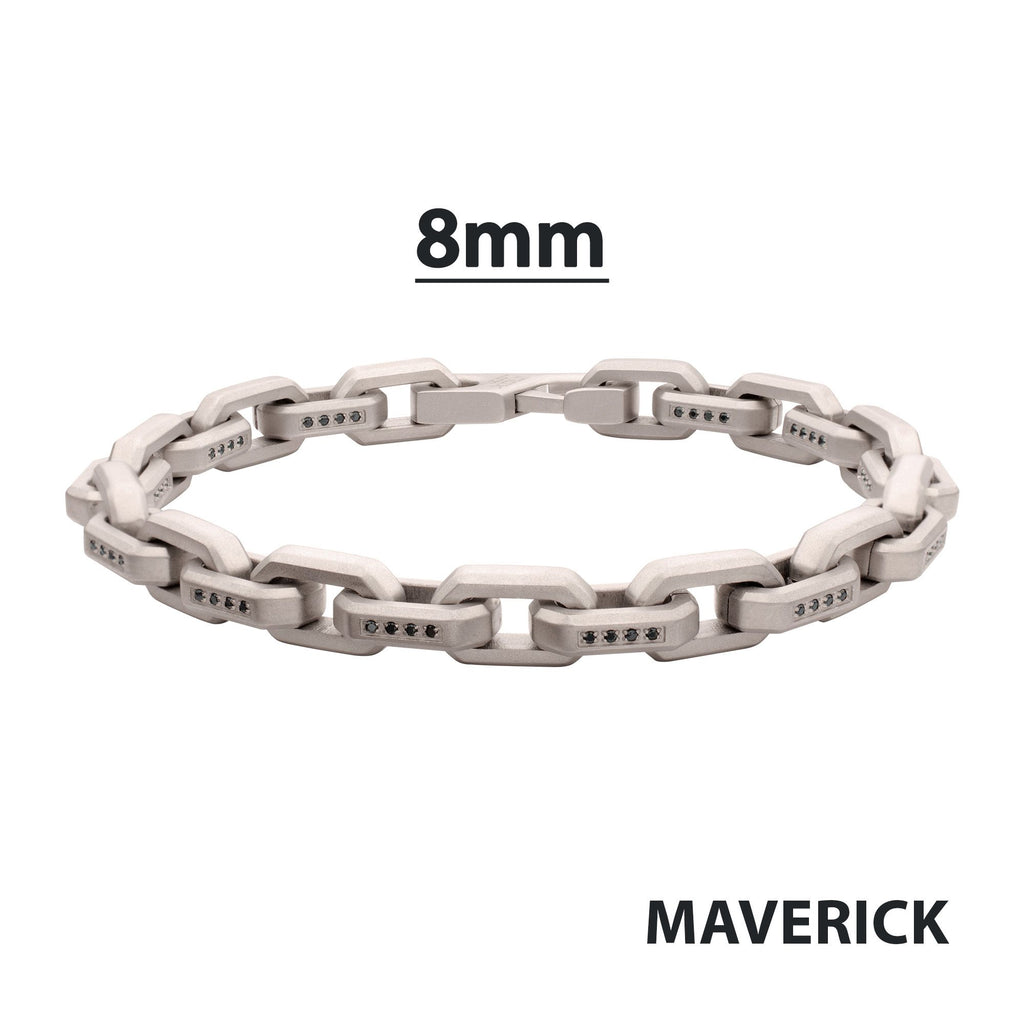 8mm Matte Finish Stainless Steel Faceted Interlock Link Chain Bracelet with 1mm Black Spinel