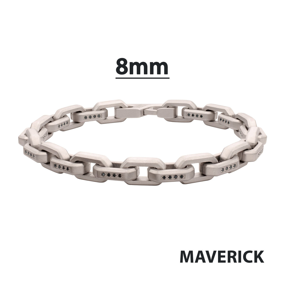 8mm Matte Finish Stainless Steel Faceted Interlock Link Chain Bracelet with 1mm Black Spinel