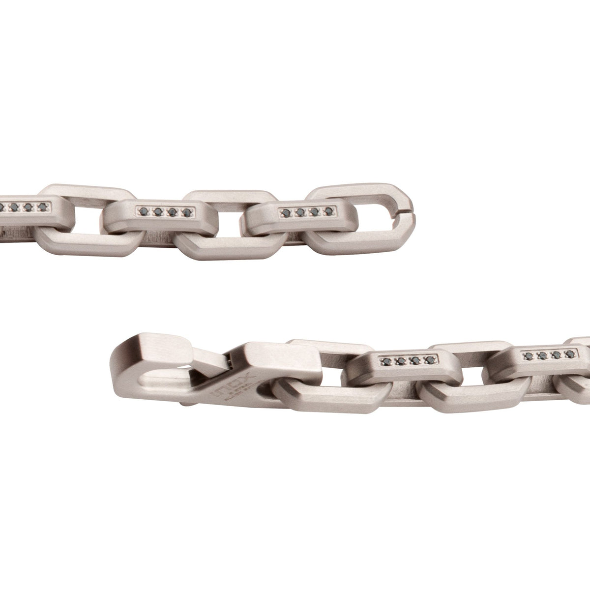 8mm Matte Finish Stainless Steel Faceted Interlock Link Chain Bracelet with 1mm Black Spinel