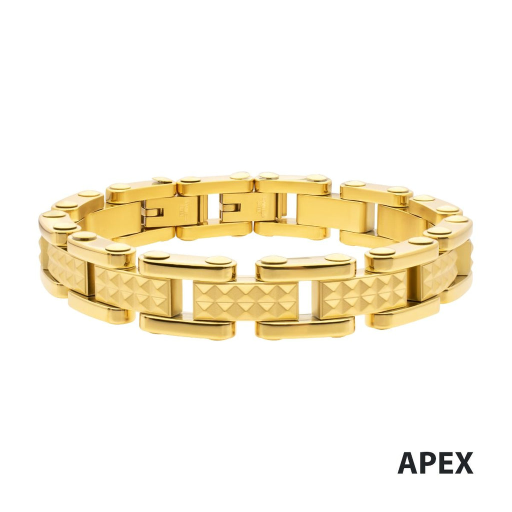 18Kt Gold IP Steel with Matte Finish Pyramid Stud Pattern & High Polished Finish Link Bracelet