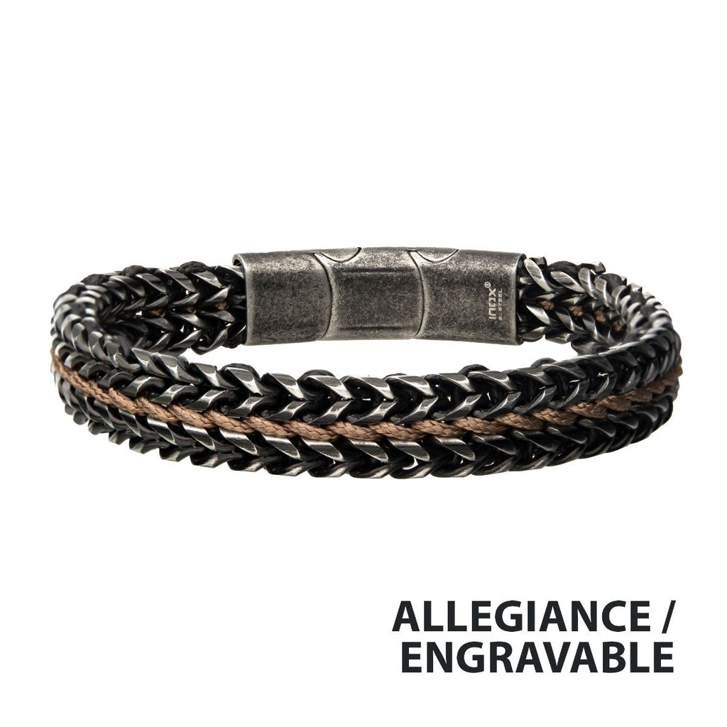Allegiance Stainless Steel Bracelets with Brown Wax Cord binding 2 Antique Brushed Foxtail Links (brswirb010mbn)