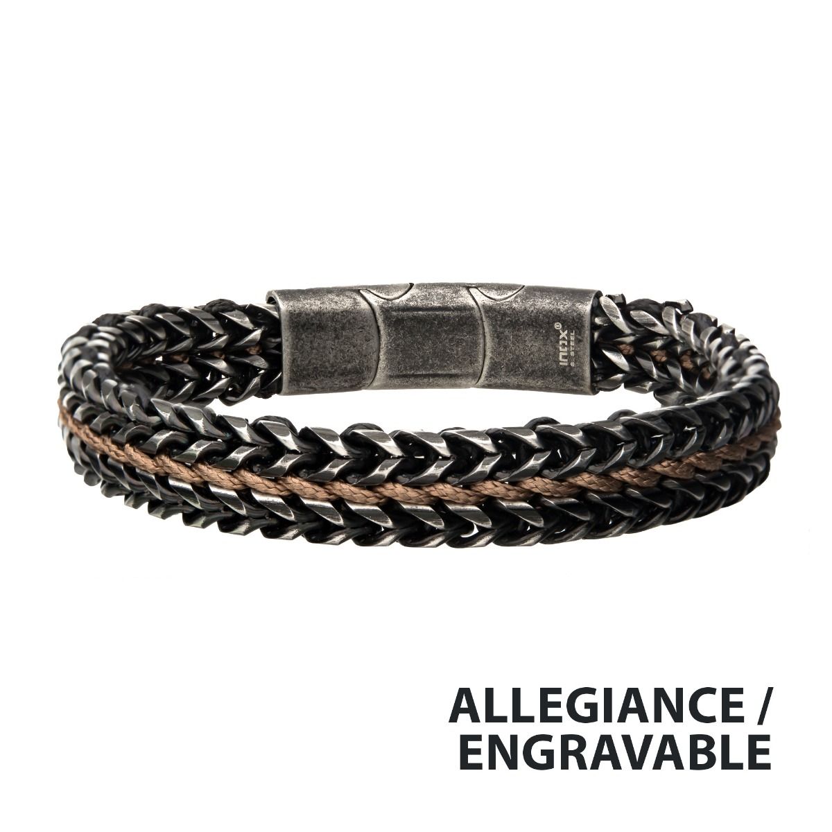 Allegiance Stainless Steel Bracelets with Brown Wax Cord binding 2 Antique Brushed Foxtail Links (brswirb010mbn)